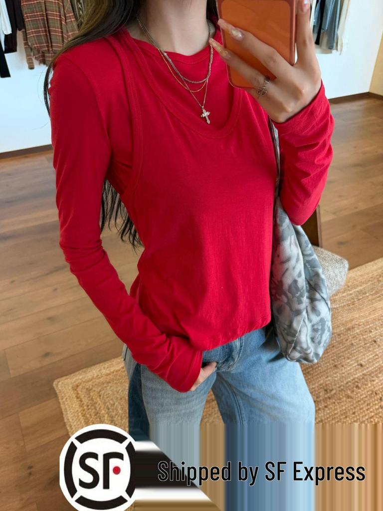 Nanyou T Row Wind Pure Cotton Layered Tank & Long Sleeve Set - Skin-Friendly, Versatile, Round Neck Women's Top