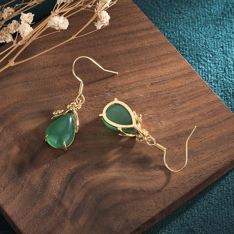 Aieryuan Court Style Gold-Plated Chalcedony Agate Teardrop Dangle Earrings for Women