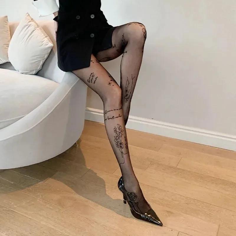 Vrouwen Sexy Panty's met Patroon Tatoeages Panty's Inscripties Bloemen Letter Dames Dunne Lange Zwarte Kousen