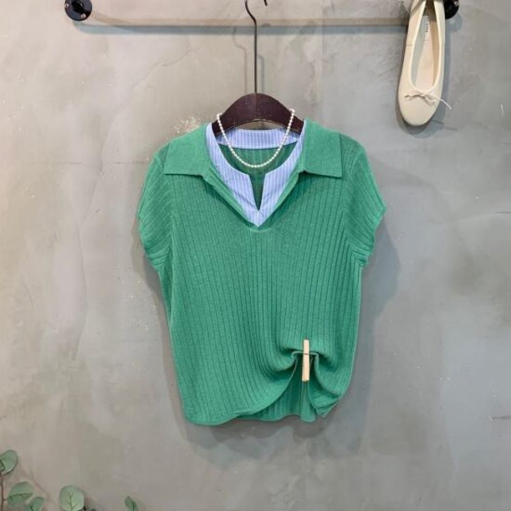 C S In The Room Layered Shirt Open Collar Cap Sleeve Knit 4Color