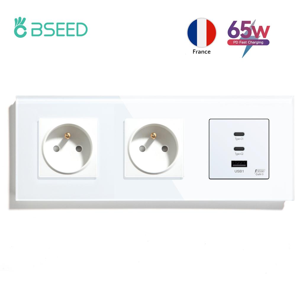 BSEED French Wall Socket 65W Double Type-c USB Sockets Super Fast Charging Ports Electric Power Outlets Crystal Glass Frames