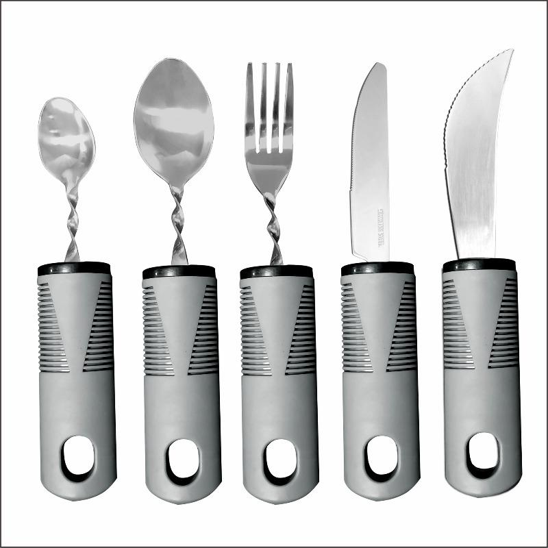 

Stainless Steel Rubber Handle Anti Shake Adaptive Foldable and Bendable Elderly Food Aid and Rehabilitation Tableware 5-piece set