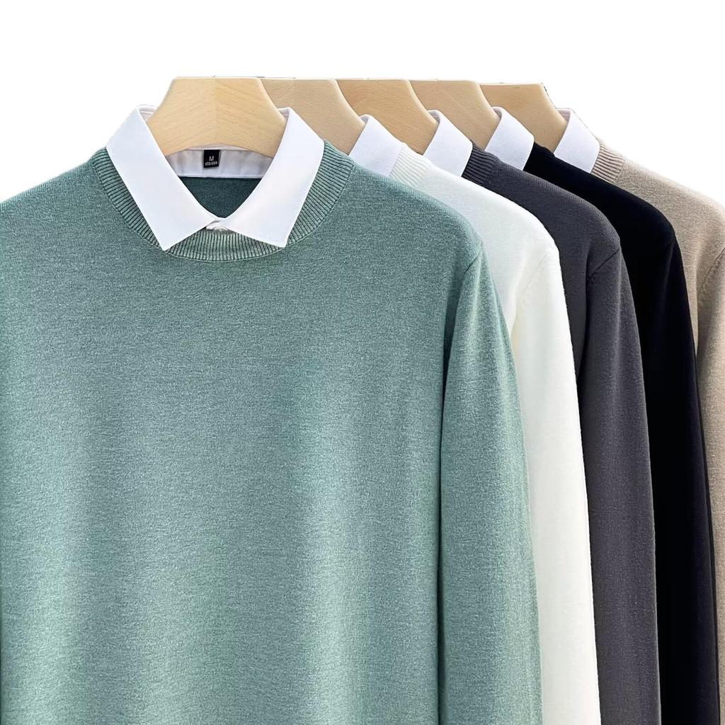 Men's Designer Sweater, Fall 2025: Korean Style Fake Two-Piece with Shirt and Stand Collar, Inner Knitwear Base Layer.