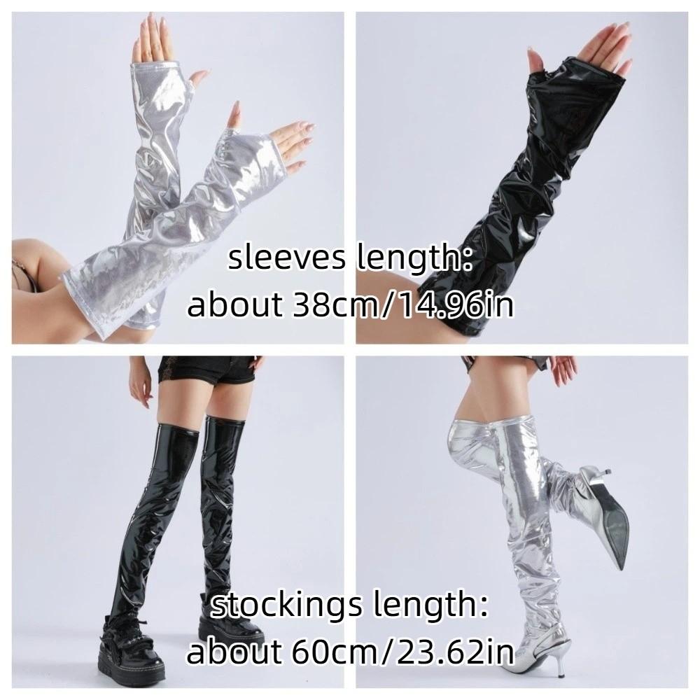 Over-the-Knee Metallic Socks Elastic Slimming Cyberpunk Stockings Silver Black Reflective Patent Leather Style Sleeves Unisex