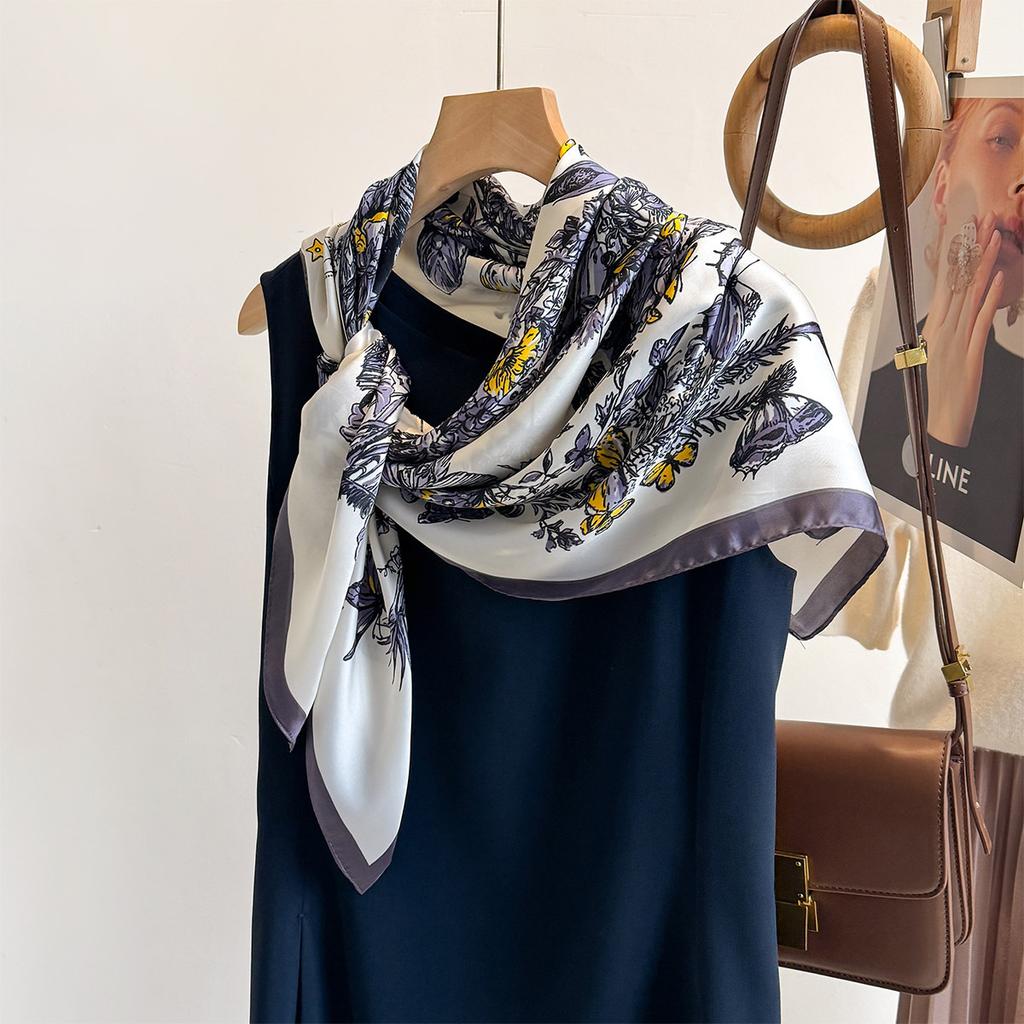 Luxury 90cm Square Scarf Floral Print Silk Scarfs Women Neck Scarves Foulard Headscarf Summer Head Scarf Shawls Hijab Bandana