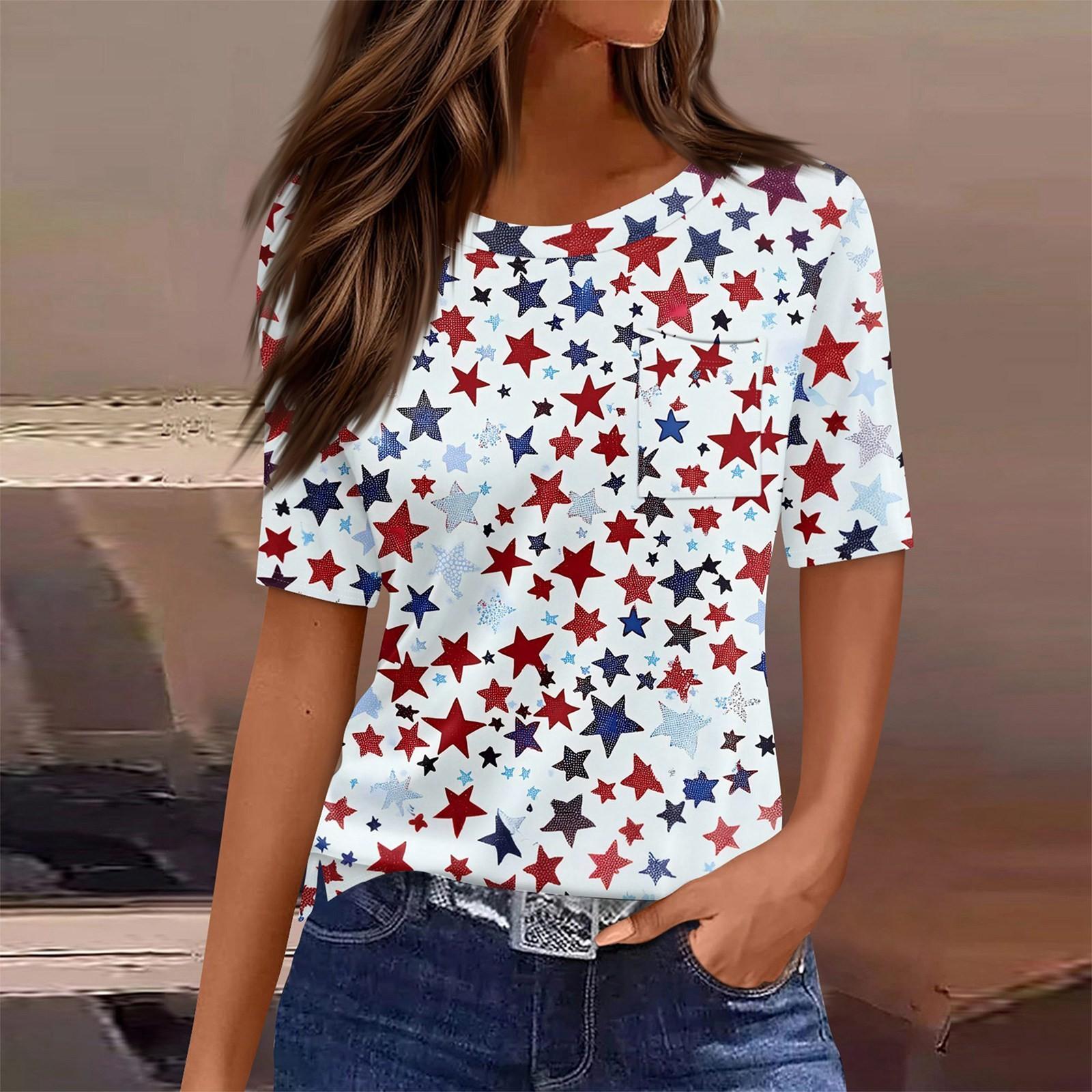 

T Shirts For Women Round Neck Dressy Casual Blouses Printing Short Sleeve Summer Tops Loose Fit S