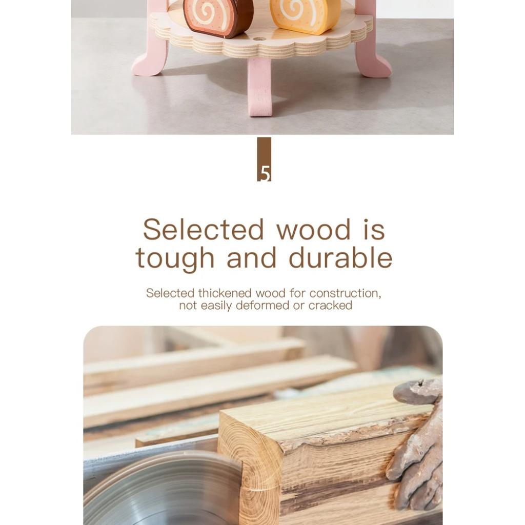 Wooden Double-Layer Dessert Stand Toy Set - Pink Bow Theme Children's Tea Party Pretend Play Toy Includes Cakes and Menu Cards