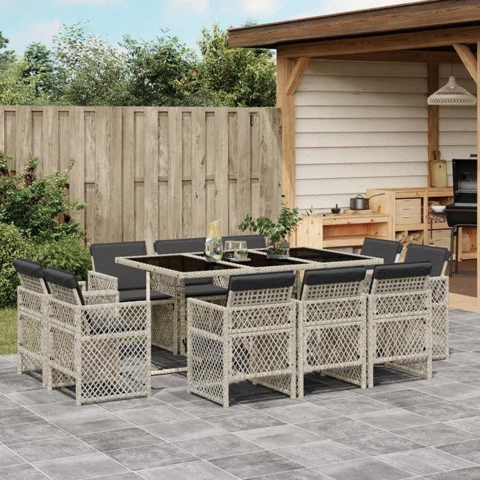 VidaXL Ensemble à manger de jardin 11pcs avec coussins gris poly rotin, ensemble de salle à manger d'extérieur, meuble de 3210851