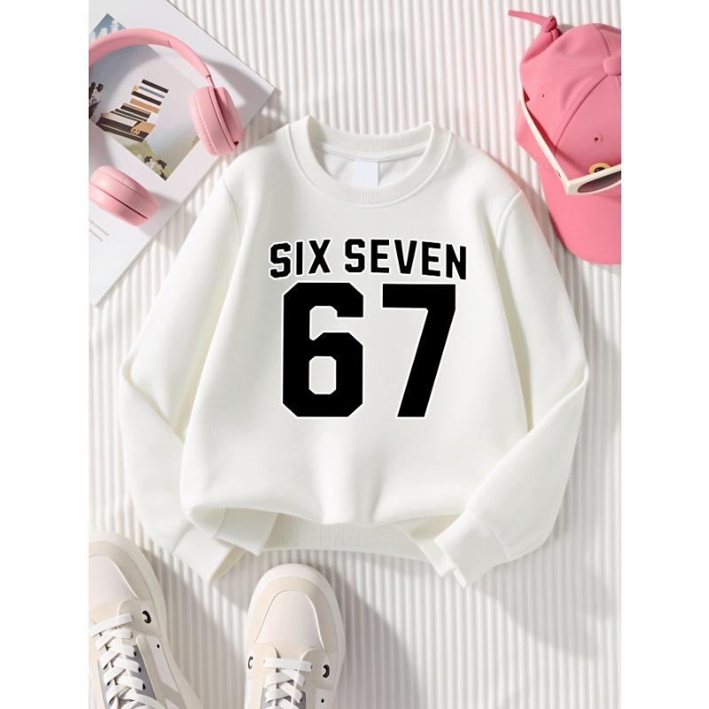 European Sizes Stylish Sweatshirt for Girls Featuring 67, Perfect for Autumn & Winter. Long-Sleeved Top In Various Colors, Casual Wear.