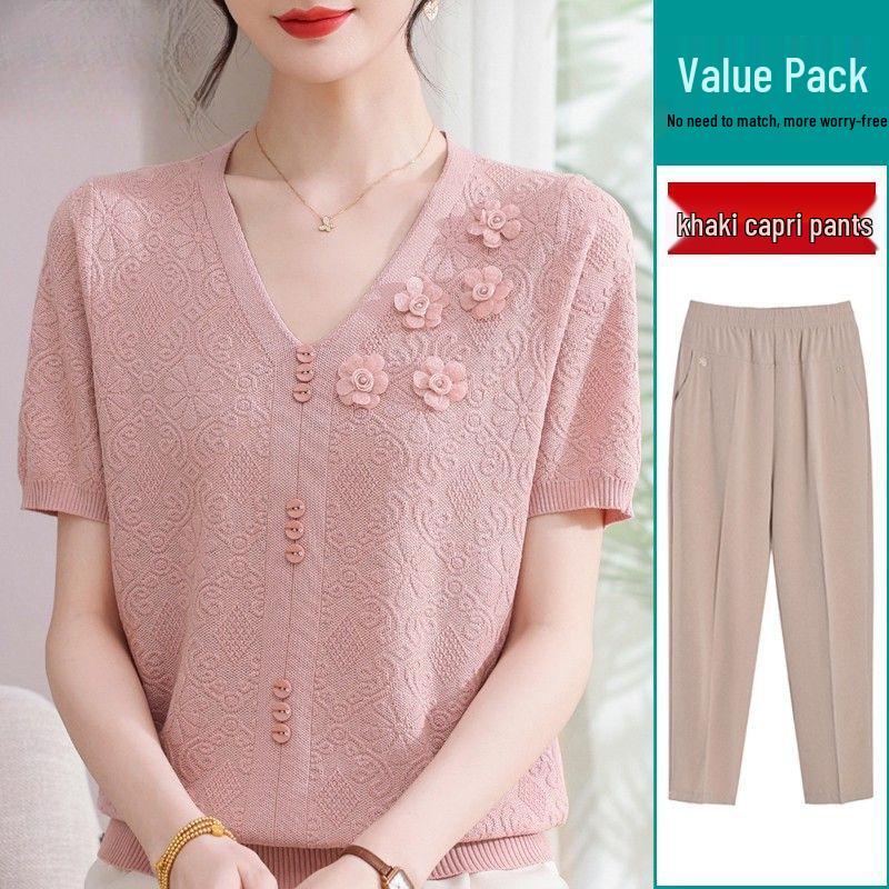 2026 Summer Ice Silk Blouse & T-Shirt Set for Moms and Seniors