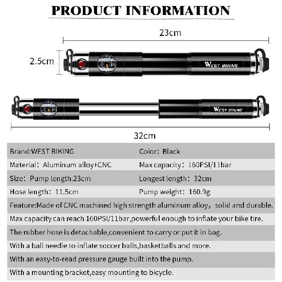 WEST BIKING Bike Inflated Pump High Pressure 160PSI Aluminum Bicycle Air Pump Presta Schrader Valve Bike Tire Pump With Hose