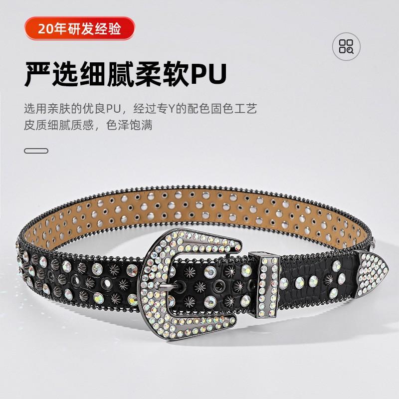 Studded Rhinestone PU Leather Belt Women Punk Streetwear Waist Cincher Adjustable 105-125cm Alloy Buckle Black