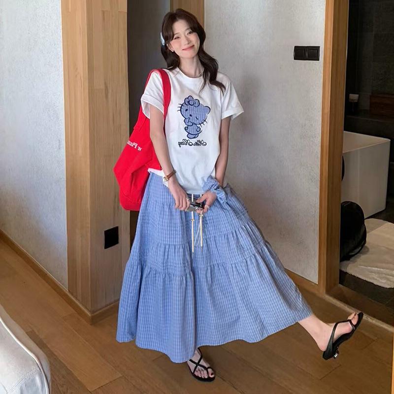 Maternity Summer 2026 Sweet Spicy Mom Cartoon T-shirt & Plaid Skirt Set M