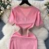 Vintage Chic pantalones cortos manga cuello pico botón tejido dulce vestido Vestidos moda coreana fiesta básica delgada verano elegante Vestidos de mujer