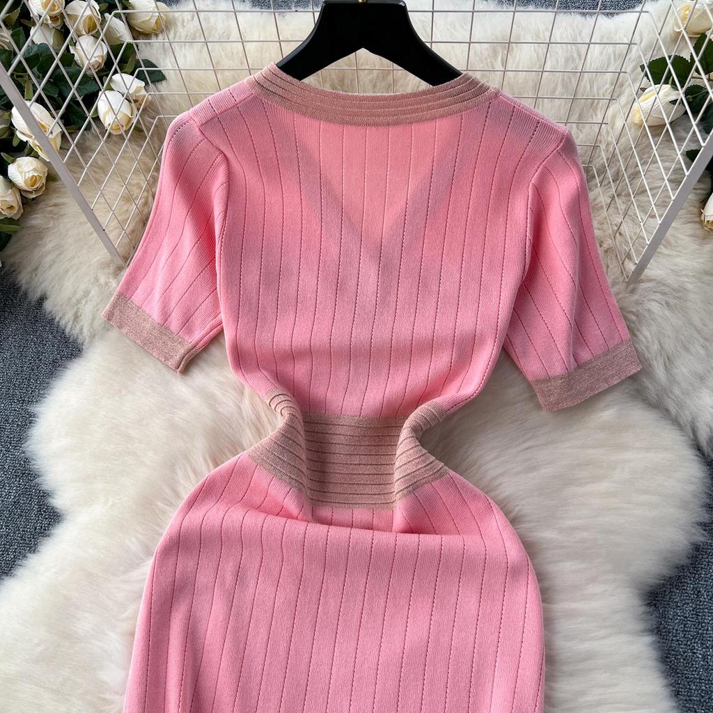 Vintage Chic pantalones cortos manga cuello pico botón tejido dulce vestido Vestidos moda coreana fiesta básica delgada verano elegante Vestidos de mujer