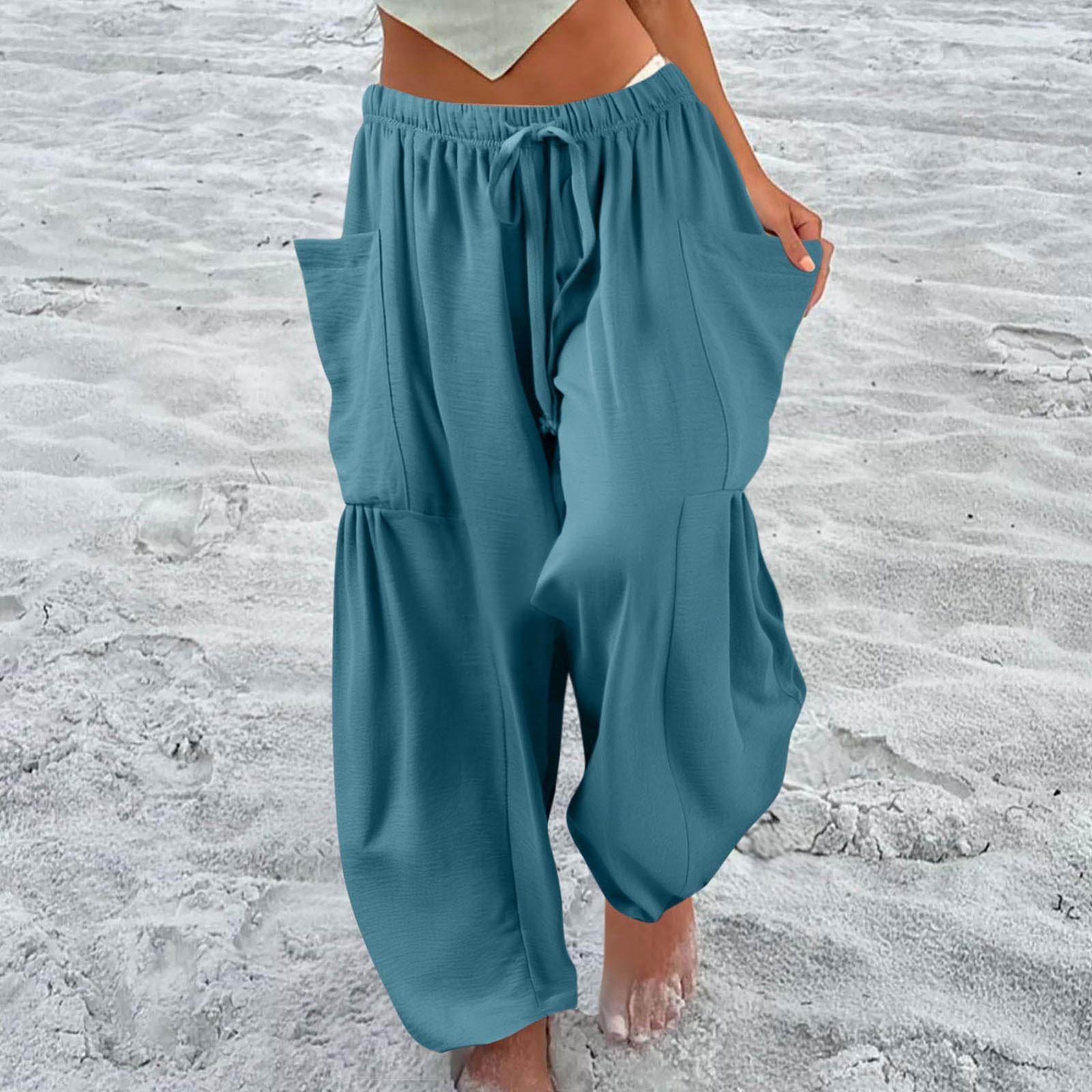 

Женские брюки больших размеров с широкими штанинами и средней талией, летние мешковатые брюки с карманами L