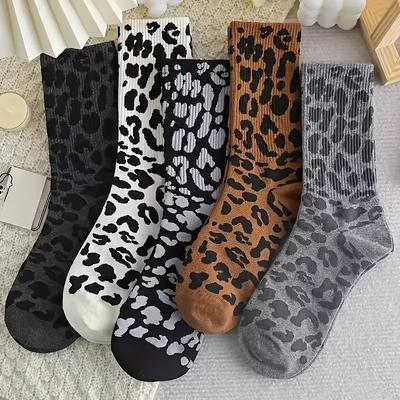 6 Pairs Women Leopard Print Mid Length Socks Fashionable Printing Comfortable Sweat Wicking Breathable Casual Mid Length Socks