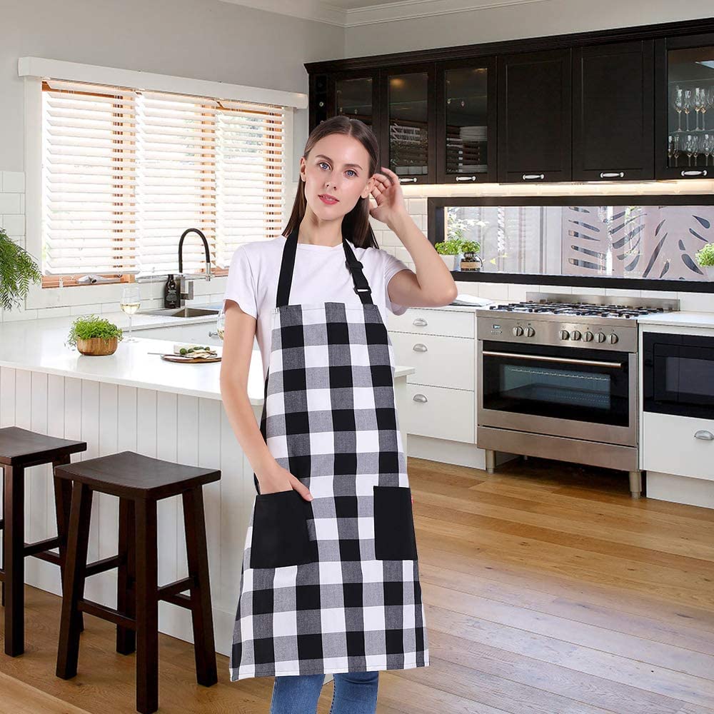 Ladies Cute Ladies Cotton Apron with Adjustable Neck Cute Apron for Kitchen Home Bakery and White [GOENJOYSELF] Apron, Strap, Cooking, (Black Grid)