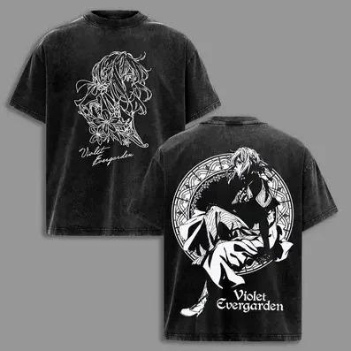 Fialová Evergardenová „Miluji tě“ Vintage Praná Anime Tričko, Unisex Kyoto Animation Fan Streetwear Tričko, 100% Bavlna Ležérní Krátký Rukáv