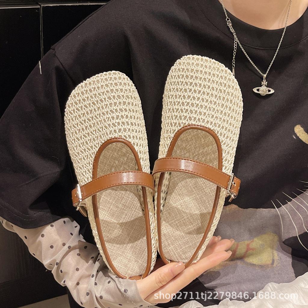 Baotou half slippers women's outer wear 2025 summer new breathable woven flat bottom pedal with skirt Roman sandals