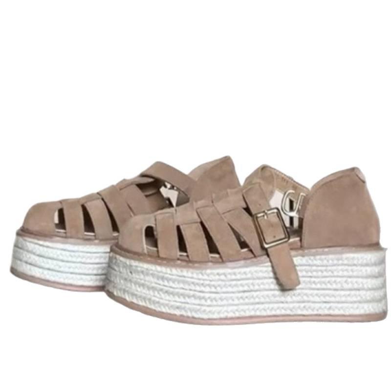 French retro straw thick-soled Roman sandals women's 2025 summer new fashion versatile hollow one-word sandals