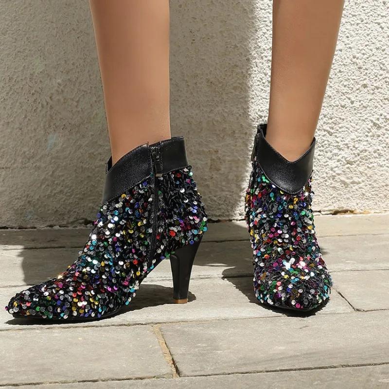 Fashion New Silver Sequin 8cm High-heeled Short Boots European American Autumn Winter Fashionable Elegant Women Ankle Boots Size 34-47