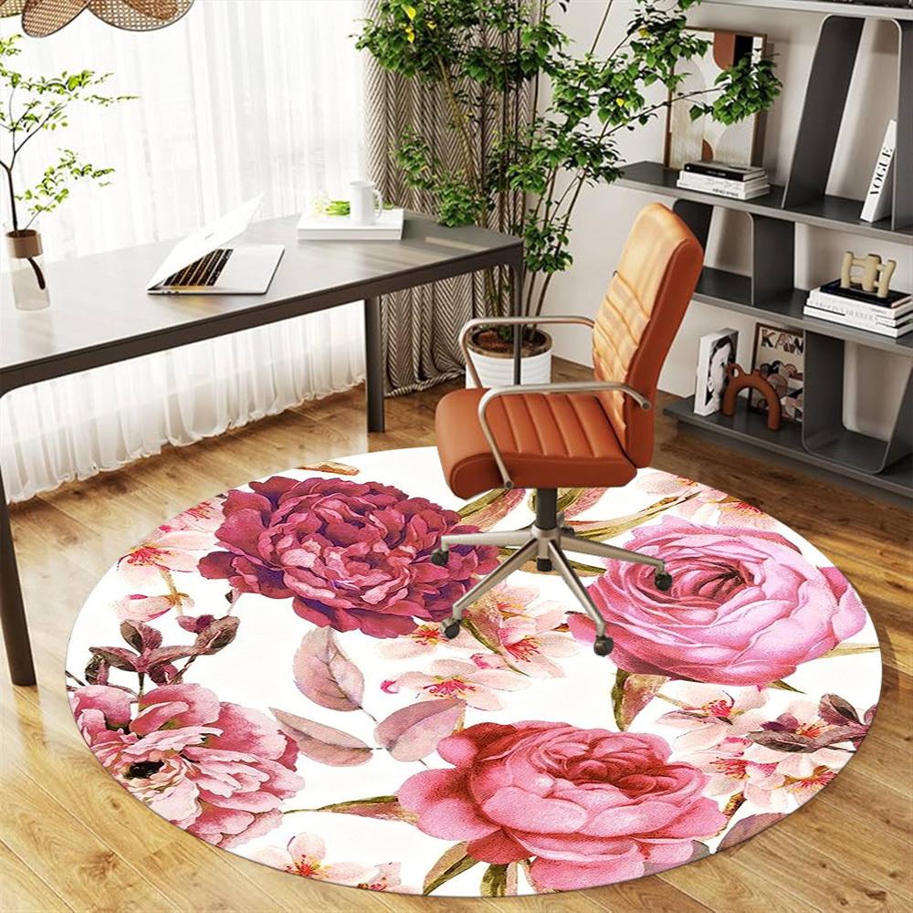 1pc Floral Pattern Roses Round Chair mat office Area Rug - Non-Slip, Floor Mat for Office, Bedroom, Ideal home decor gift c0112096