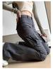 Women's Gray Micro-Flare High-Waisted Cargo Pants, 2025 Spring/Summer Collection - Slimming Multi-Pocket, Floor-Length