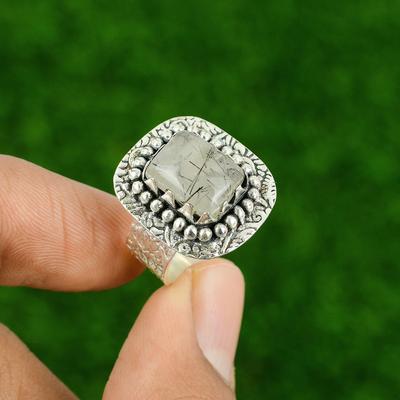 925 Sterling Silver Natural Black Rutile Solitaire Bezel Ring Jewelry Size 7.75