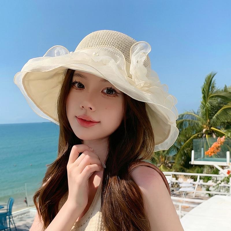 Summer hollow breathable sun protection hat, women's mesh bow fisherman hat, large brim sun hat