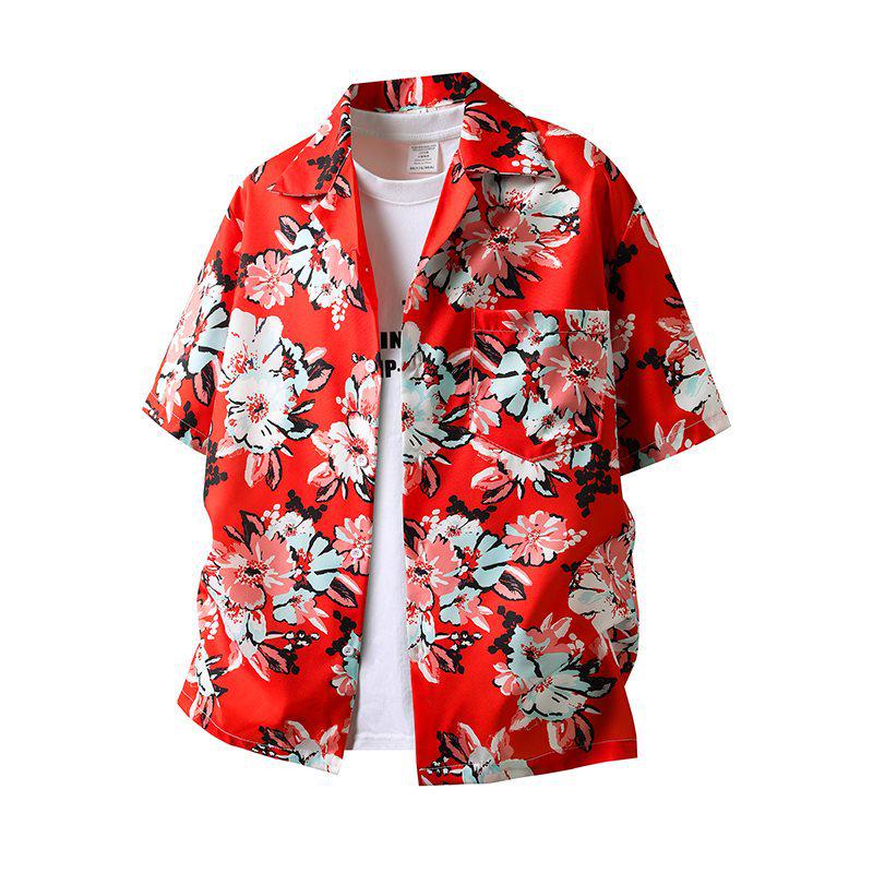 Ретро Красная Цветочная Кубинская Воротник Короткий Рукав Отпускная Рубашка L красный