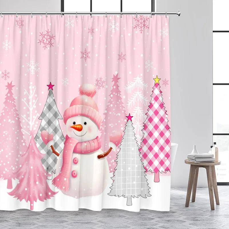 Pink Christmas Shower Curtains Cute Santa Claus Elk Bells Xmas Tree Gold Snowflake New Year Bathroom Curtain Decor with Hooks