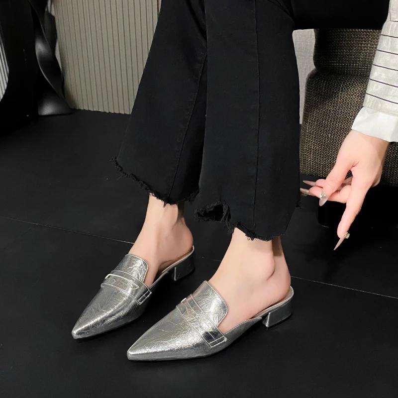 Fashion Baotou Semi-drag Women's Pointed Toe Shallow Mouth Patent Leather Rear Empty New Temperament Versatile Lazy Cool Drag