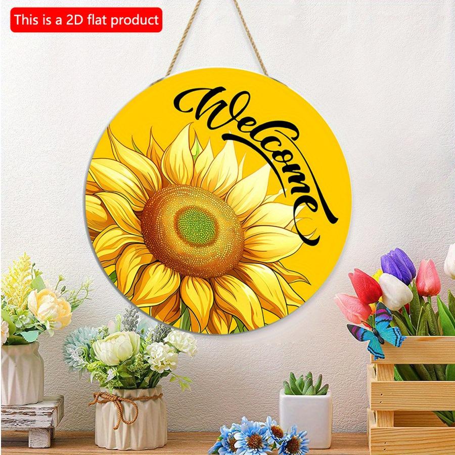 2D flach 20*20cm1St Willkommen Gelbes Helles Sonnenblumenmuster Türkunst Dekorative Plakette, Lebendiges Florales Zuhause Holzrundornament für Fenster&Garten