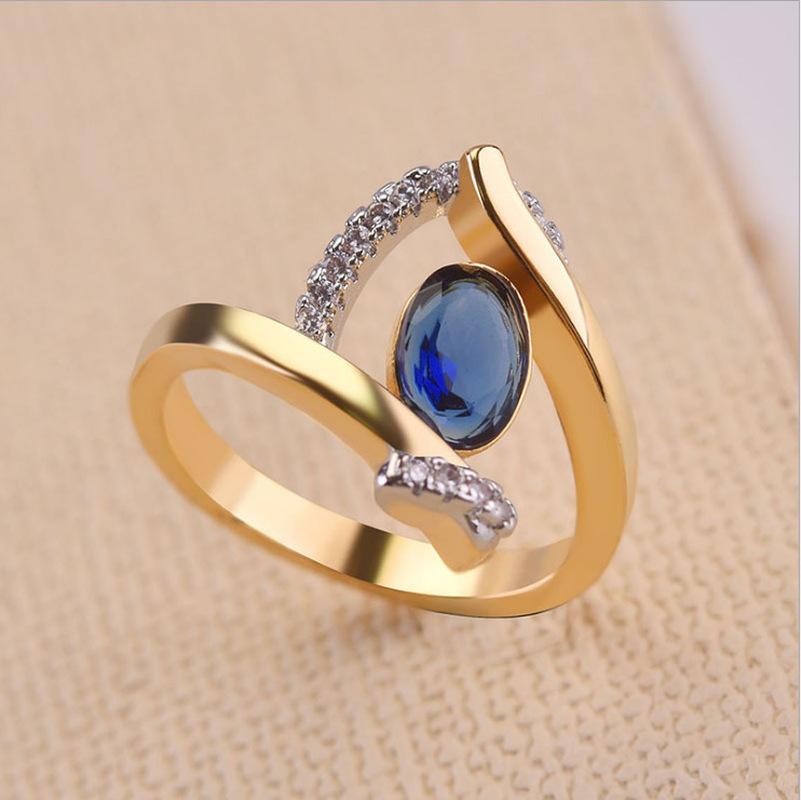 Creative Fashion Blue Stone Wedding Ring for Women Exquisite Gold Color Inlaid White Zircon Stones Engagement Ring Jewelry