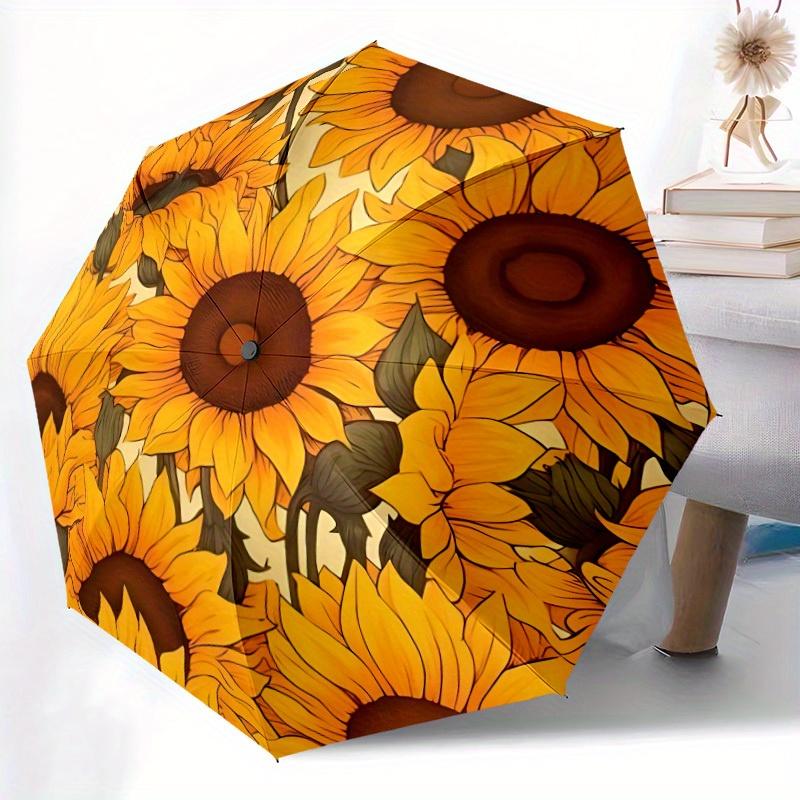 1pc Sunflower Pattern Automatic Open/Close Umbrella with Windproof, Functional Design, 8-Rib Sturdy Canopy