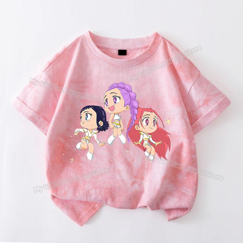 Haijian03 KPop Demon Hunters Tie-dye T-shirt voor Meisje Tops met Korte Mouwen Rumi Mira Zoey Print T-shirts Leuke Zomer Kinderkleding 130