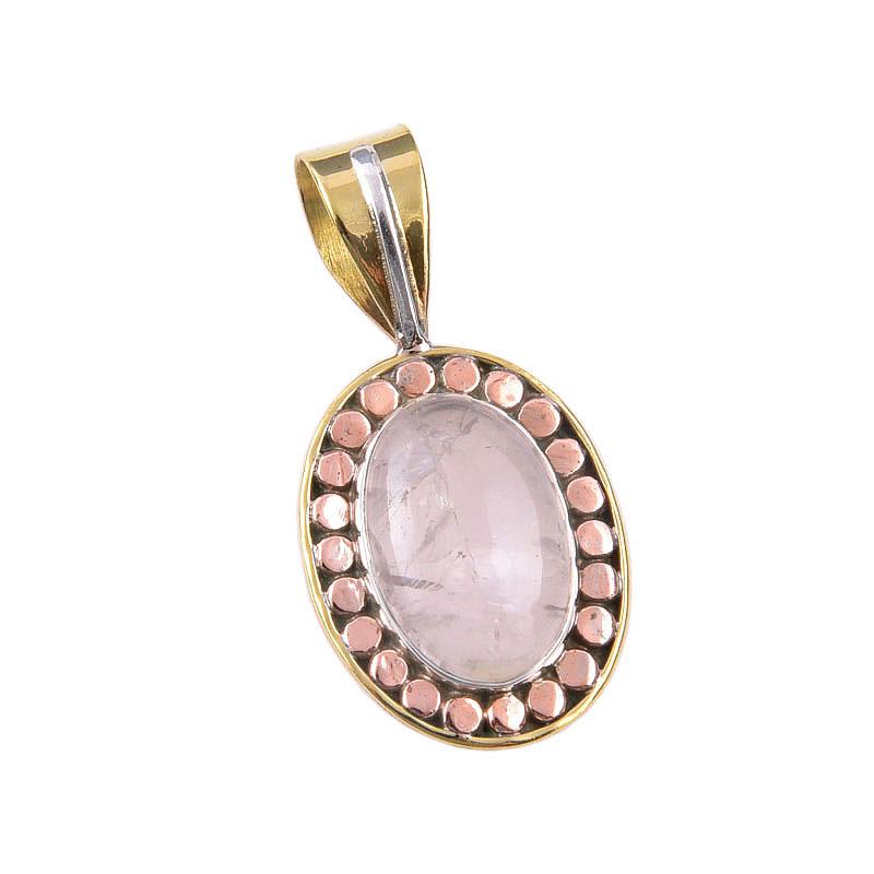 Natural Rose Quartz 925 Solid Sterling Silver Jewelry TwoTone Pendant 1.50" Z4V59