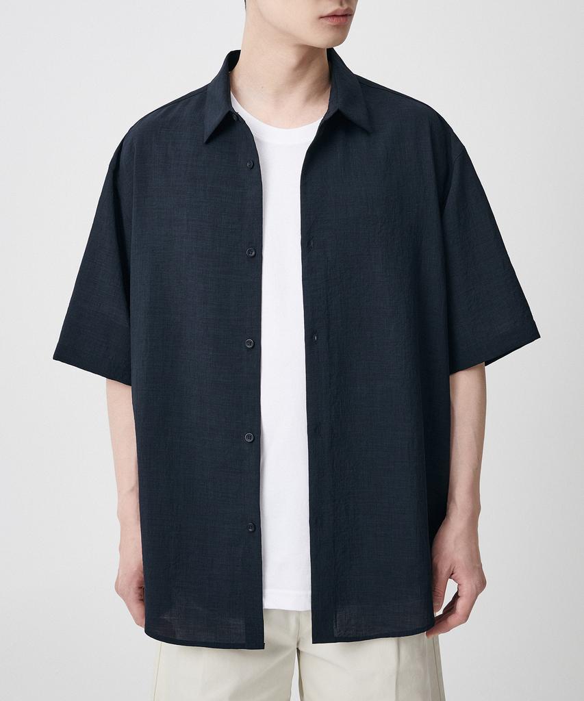Musinsa Standard Relaxed Linen-Like Short Sleeve Shirt [Navy]
