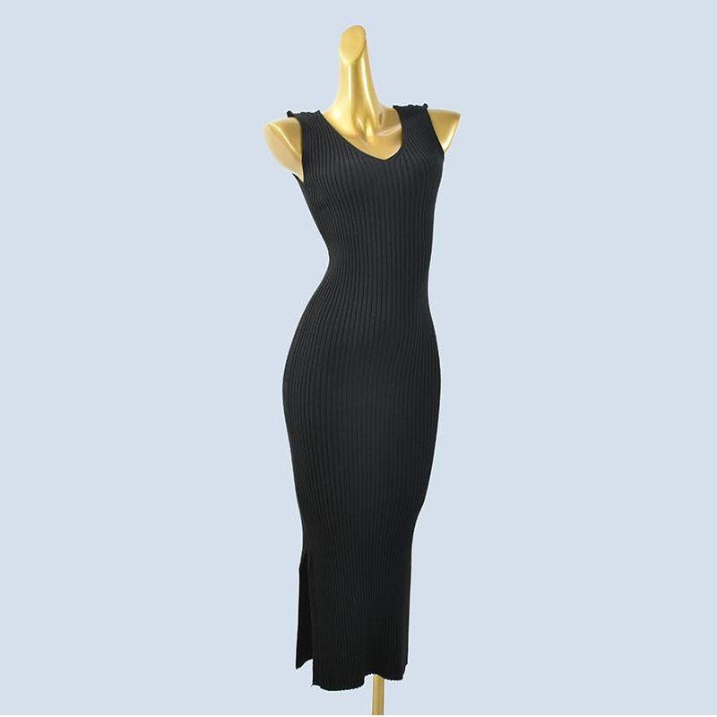 Double V Neck Knitting Sweater Soft Glutinous Stretch Fall/Winter Slim Slim Looking Pure Color Sleeveless Vest Dress Sheath Split
