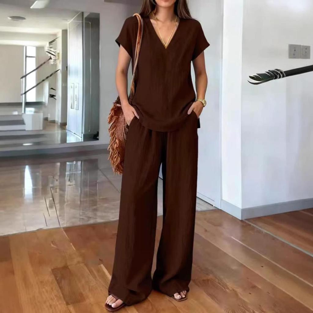 2026 Europe & US Solid Color V-neck Short Sleeve T-shirt with Wide-Leg Pants Women's Summer Fashion Set