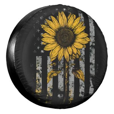 Sunflower Distressed American Flag Spare Tire Cover Weatherproof Universal Protector for Trailer Rv SUV Truck Camper Travel