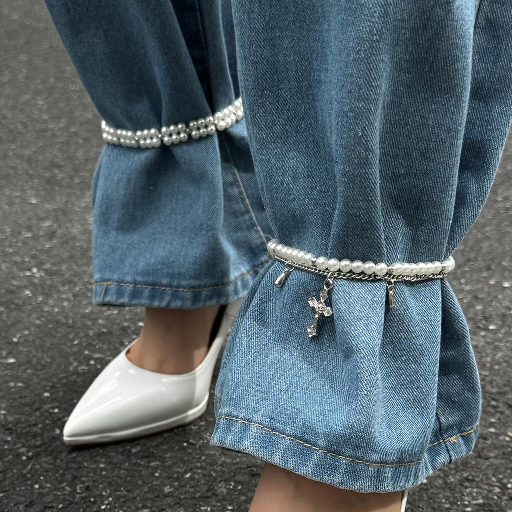Wind-Set Diamond Cross Pendant Fringed Anklet, Fashionable Imitation Pearl Beaded Jeans Anklet