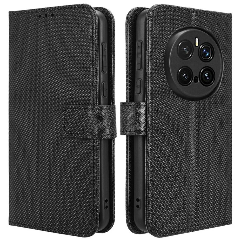 

Для Honor Magic7 Pro 5G Чехол из ПУ кожи с ромбовидной текстурой, кошелек, чехол для телефона Black