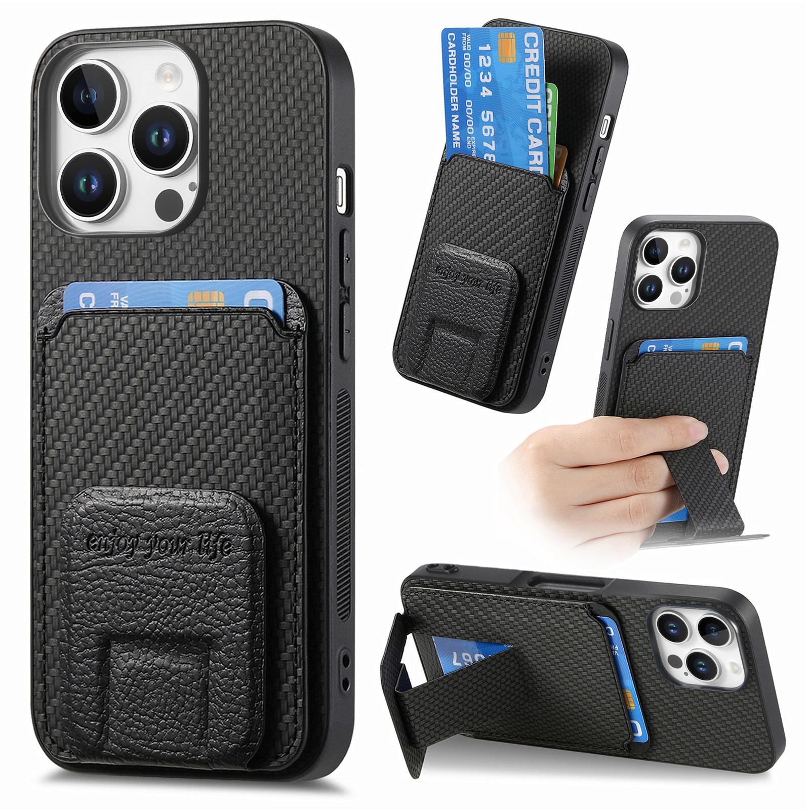 

C1-11 for iPhone 16 Pro Max Case Card Holder Carbon Fiber Texture Leather Coated TPU Phone Cover Black