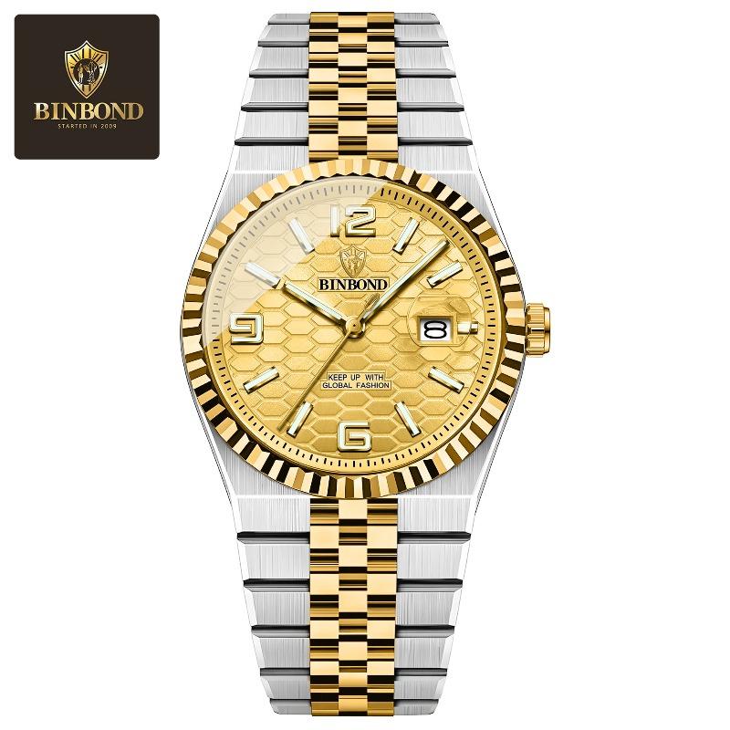 Orologio da uomo Binbang impermeabile luminoso con cinturino in acciaio, quadrante moda, orologio al quarzo