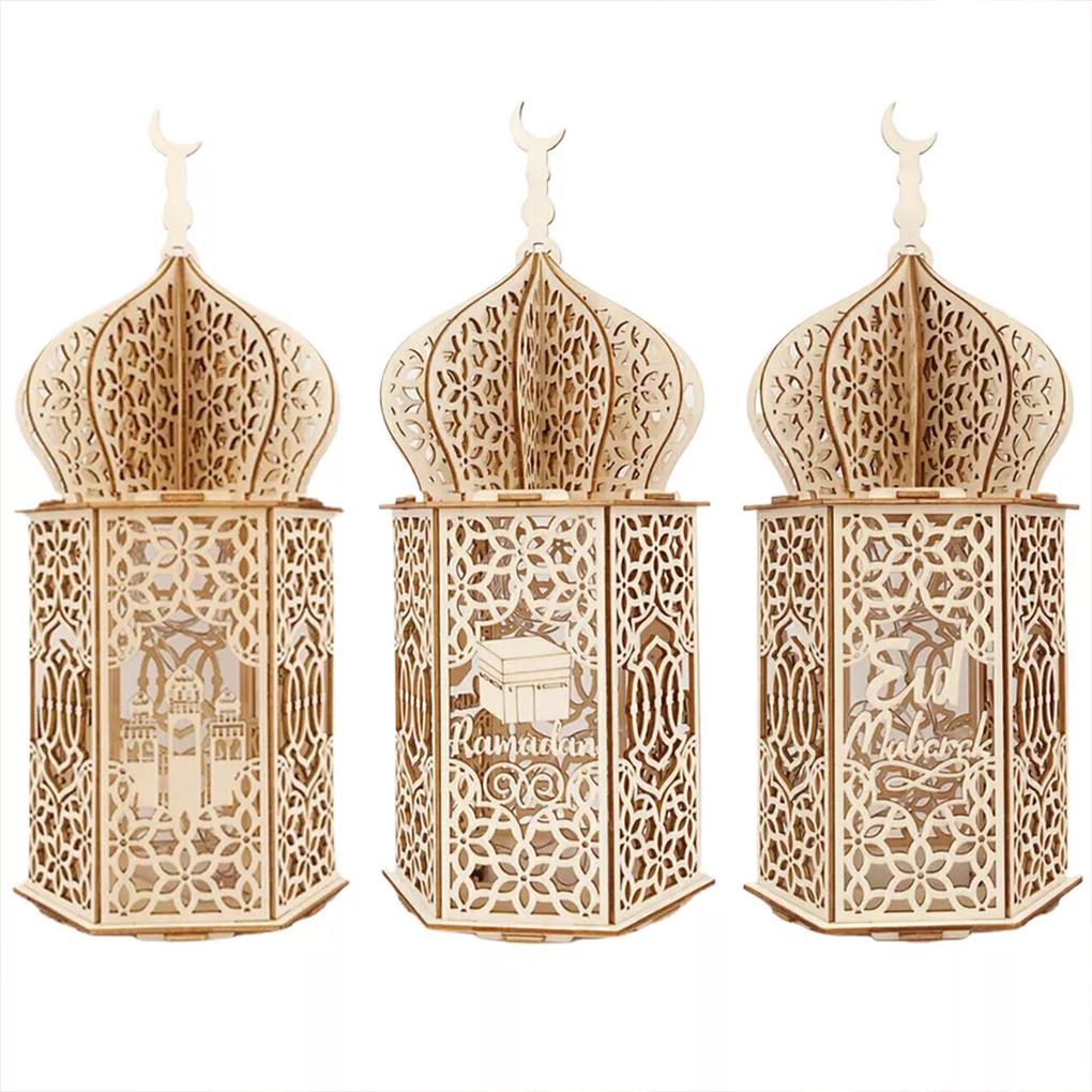 Ramadan Wooden Hollow Lantern Lights Decor For Eid Celebration Not Easy To Break And Durable. Home