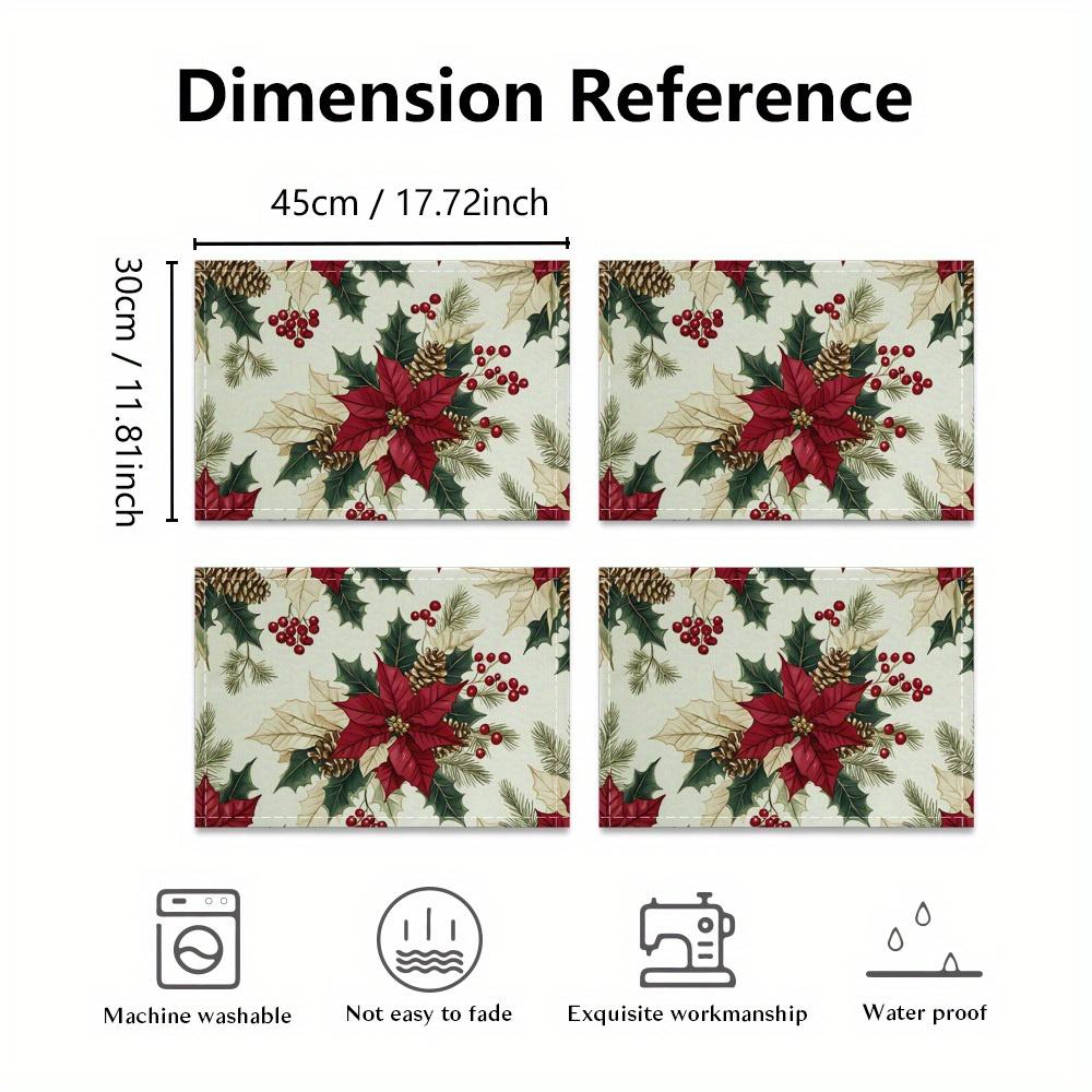 1/2/4/6/8pcs Christmas Theme Placemats - Beautiful Christmas Flower Pattern, 17.7 Inch X 11.8 Inch Rectangle Table Placemats, Machine Washable