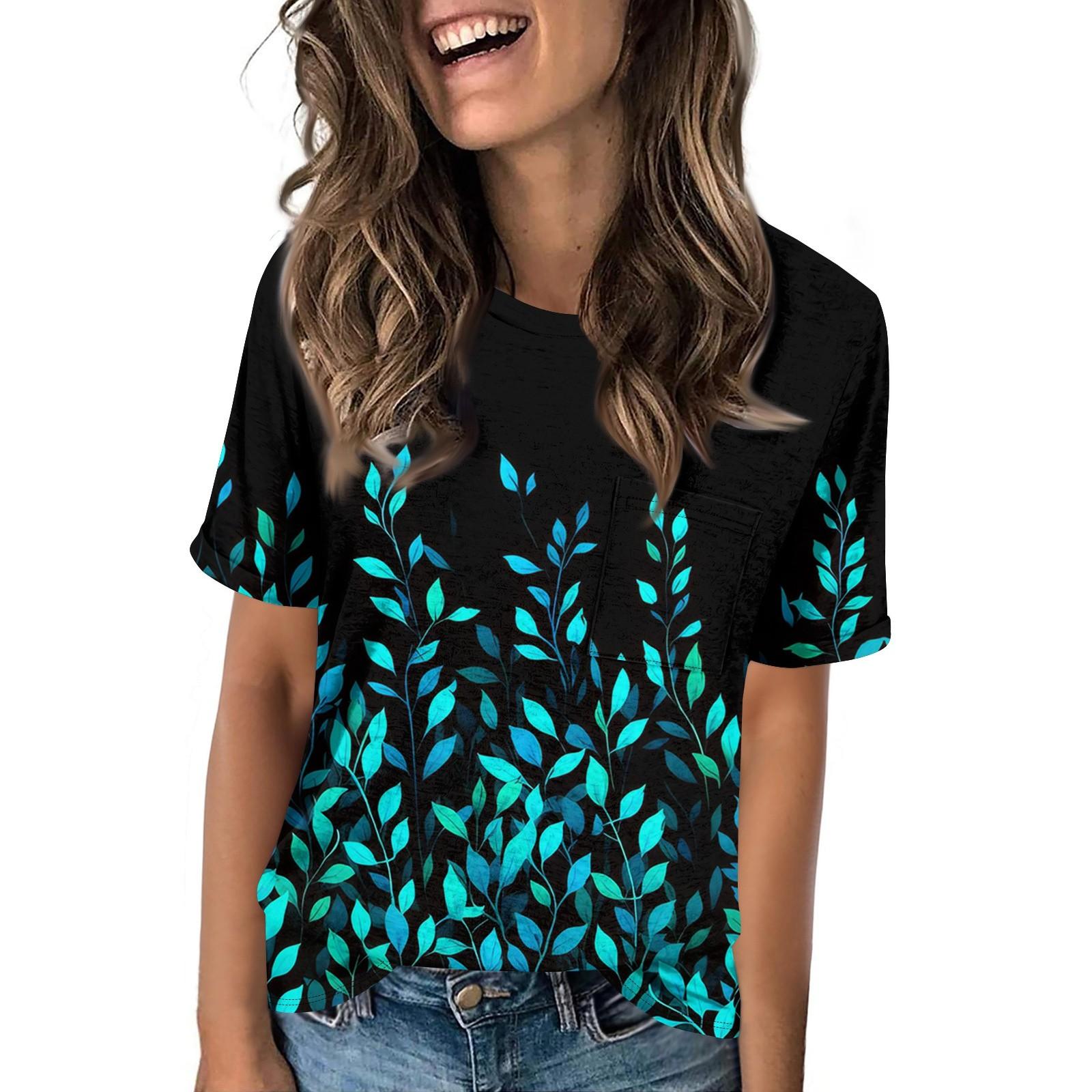 Women s Pocket Floral Print Summer Short Sleeved Round Neck Casual Loose T-shirt Top XL