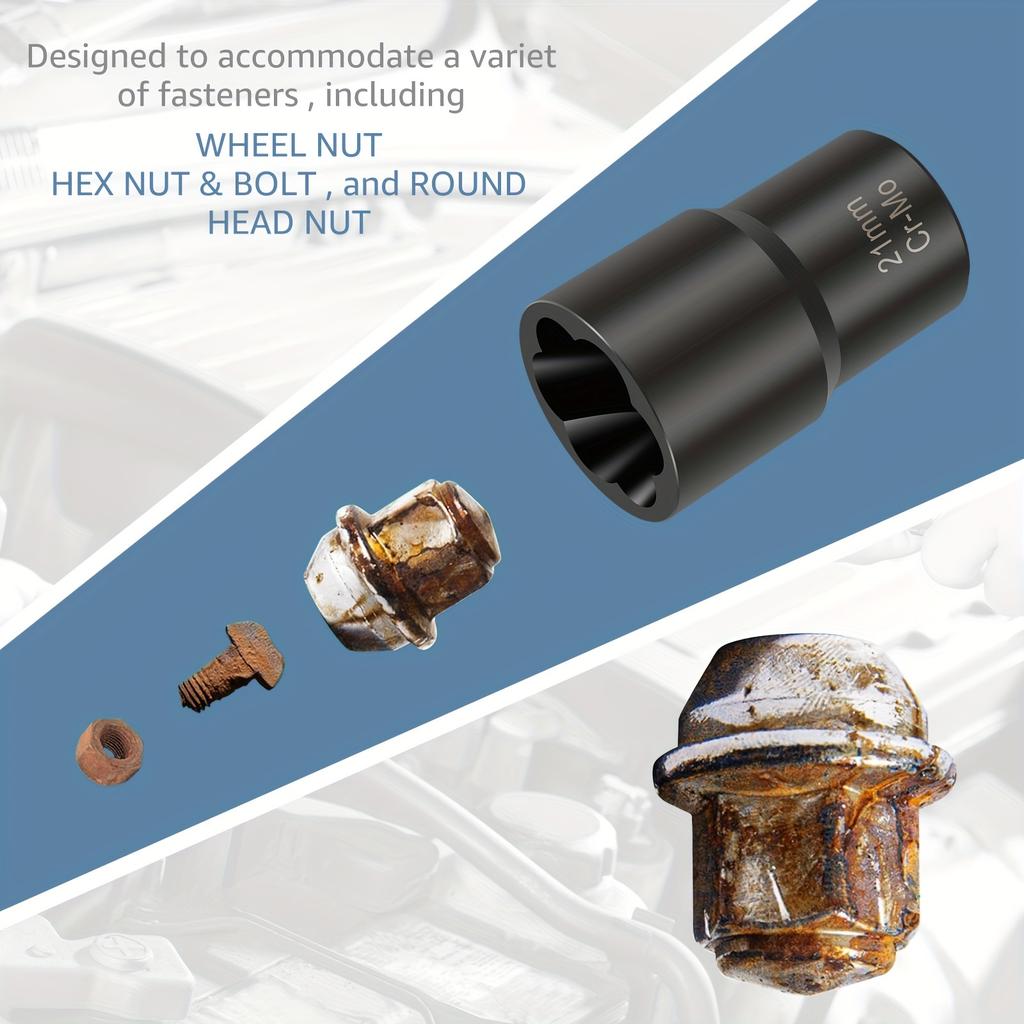 5Pcs Impact Bolt & Nut Remover Set - Chrome Vanadium Steel Lug Extractor with Twist Socket Design - Effortlessly Remove Stripped & Damaged Fasteners